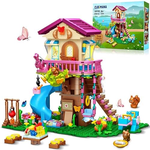 CUBIMANA Treehouse Building Toys with LED Light - 618 Piece Tree House Building Set, 3-Storey Up House with Slide & Stickers, Ages 6-12 - Image 1