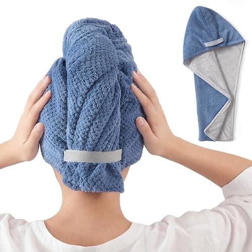 REDKISS Microfiber Hair Towel Wrap for Women, Double Sided Hair Towels with Elastic Strap, Super Absorbent Quick Dry Hair Drying Towel for Long, Thick, Curly Hair, Anti-Frizz Turban (Blue & Gray) - Image 1