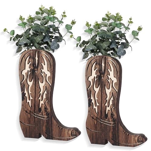 Havawish 2 Pcs Western Wall Decor Wood Cowboy Boots Wall Planter for Indoor Plants 12 x 8'' Western Boot Flower Hanging Vase for Flower Faux Rustic Home Decor for Bathroom Bedroom(Rustic Brown) - Image 1