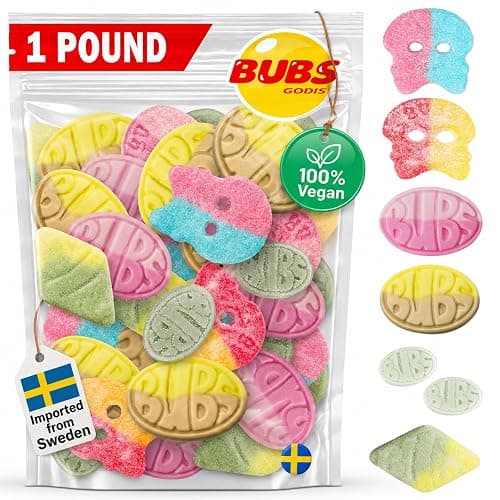 BUBS Swedish Candy Mix 1 lb - Authentic Sweet and Sour Swedish Gummies - Gelatin-Free Vegan Gummy Candy Assortment, Imported from Sweden - Foam Candy - Big Ovals, Dizzy Skulls, Tutti Frutti and More - Image 1