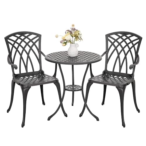 NUU GARDEN Bistro Set 3 Piece Outdoor All Weather Cast Aluminum Patio Bistro Set Patio Table and Chairs Set of 2 with Umbrella Hole for Backyard, Balcony, Front Porch, Lawn, Black - Image 1