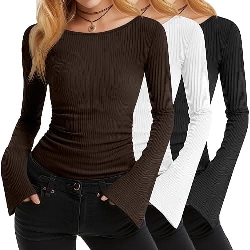 JoyMotion Women's 3 Pack Bell Sleeve Shirts 92% Cotton Boat Neck Long Sleeve Tops Fall Y2k Clothes Slim Fit Ribbed Ruched Tee - Image 1