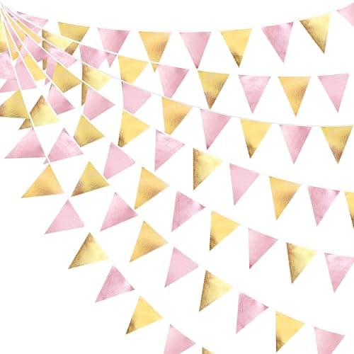 Pink Gold Party Decoration Metallic Fabric Light Pink Gold Triangle Pennant Banner Flag Bunting Garland for Women Girl Birthday Retirement Graduations Bridal Shower Wedding Baby Shower Party Supplies - Image 1