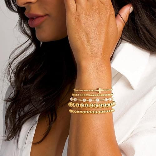 Yoosteel Gold Beaded Bracelets Set for Women Teen Girl Gifts Non Tarnish - 14K Gold Plated Dainty Round Bead Ball Pearl Cross Bracelet Stack for Women Teenage Girls Stackable Jewelry Christmas Gifts - Image 1