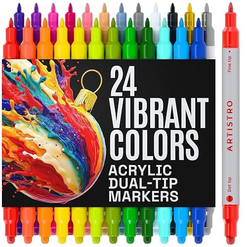 ARTISTRO 24 Acrylic Paint Markers for Rock, Fabric, Wood, Glass, Craft, Decoration - Dual-Tip Paint Pens - Stocking Stuffers, Christmas Gift Idea for Teens, Grandkids, Kids - Art Supplies - Image 1