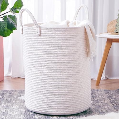 MOJOSCEND 60L Pure White Woven Hamper Laundry Basket Cotton Rope Blanket Basket for Living Room 20 inches Tall Clothes Hamper for Baby Nursery Kids in Bedroom - Image 1