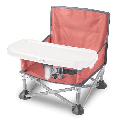 Summer by Bright Starts Pop 'N Sit Portable Booster Chair, Floor Seat, Indoor/Outdoor Use, Compact Fold, Coral, 6 Mos - 3 Yrs - Coral & Gray - Image 1