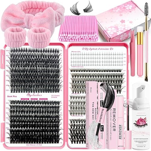 DNSGOOR DIY Lash Extension Kit 727Pcs Lashes Clusters with Bottom Lashes Lash Bond and Seal Glue Remover Lash Shampoo Cleansing Brush Headband Wristband Tweezers Eyelash Brush Applicator - Image 1