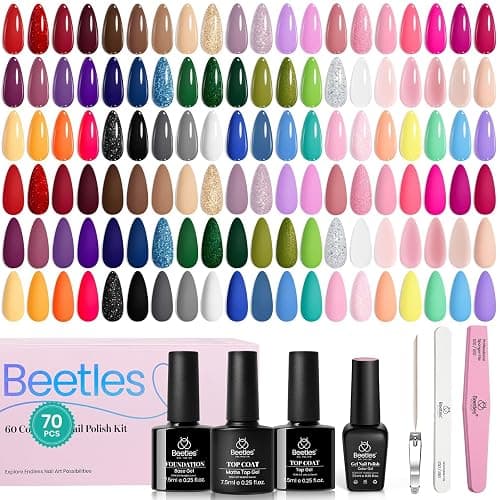 Beetles Winter Gel Nail Polish Set, 70 PCS 60 Colors Red Green Pink Brown Blue Nude Glitter Gel Nail Polish Kit with Base Top Coat for Beginners UV LED Needed DIY Salon Christmas Gifts for Women - Image 1