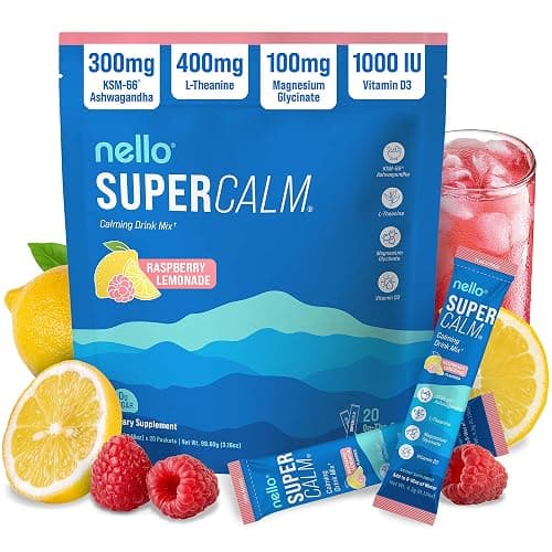 Nello Supercalm Powdered Drink Mix, Cortisol Reducer and Sleep Aid Supplement, L Theanine, Ksm-66 Ashwagandha, Magnesium Glycinate, Vitamin D 3, No Sugar, Non GMO, On The Go, 20 Ct, Raspberry Lemonade - Image 1