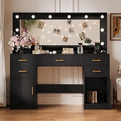TOKSOM 44.8" Large Vanity Desk with Lighted Mirror & Power Outlet, Black Makeup Vanity Desk with Mirror and Lights, Black Vanity Table with 5 Drawers and 2 Cabinets, Dressing Table for Bedroom - Image 1