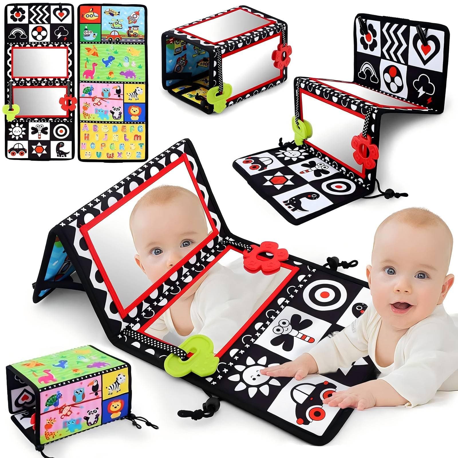 Double Tummy Time Mirror, Newborn Gifts Toys, Infant Toys 0-6 Months Brain Development Foldable Mirror, High Contrast Crawling Sensory Toy 3 6 9 12 Month Boy Girl - Image 1