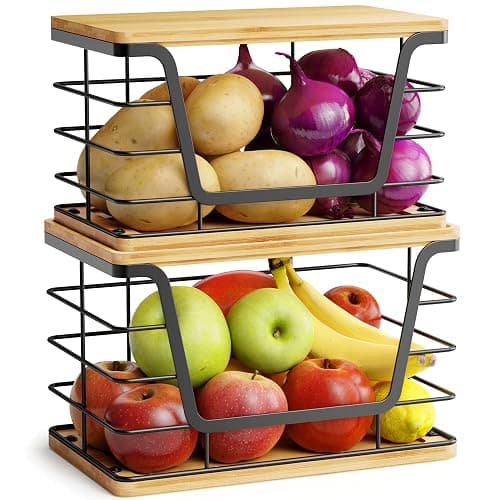 ALOCEO 2 Pack Large Garbage Bag Dispenser for 13/30/33 Gallon Bags, Potato and Onion Storage Baskets with Bamboo Lid, Stainless Steel Stackable Storage Bins for Kitchen Laundry Pantry Room - Image 1