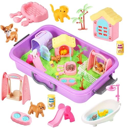 Carolart Pet Sensory bin,Dog and Cat Sandbox for Kids,Kids Play Sand Kit,Pet Play Set with Sensory Sand,Pet Care Play Set,Role Pretend Play Beach Toy Birthday Gift for Girls Boys 3 4 5 6 Years Old - Image 1