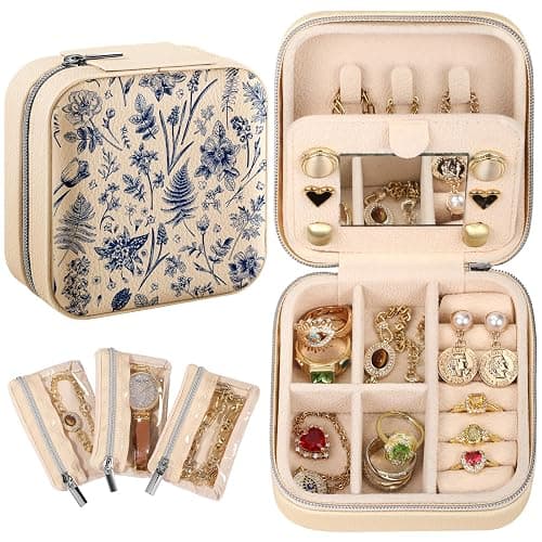 Bistup Travel Jewelry Case - Small Jewelry Organizers and Storage Box for Women Girls Teens Cute Traveling Jewelry Holder with Mirror Little Tiny Compact Modern Unique Aesthetic Pretty, Blue Floral - Image 1