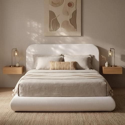 RECCI Airframe Bread Queen Curved Cloud Platform Bed Frame | Fully Cushioned Foam Arched Panels and Soft Rounded Headboard, Easy to Assembly, Beige Chenille Fabric for Aesthetic Bedrooms - Image 1