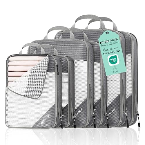 NICOSHOW 6 Set Compression Packing Cubes, Compressible Travel Packing Cubes Travel Essentials, Luggage Organizers for Carry-on Suitcase, Travel Bag Organizer, Grey - Image 1