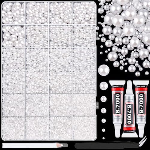 13000Pcs Flatback Pearls for Crafting (White), Assorted Size 2/3/4/5/6/8/10mm Half Pearl with 3Pcs 10ml B7000 Jewelry Glue, Bedazzling Bead for DIY Crafts Clothing Tumbler Shoes Embellishment Nail Art - Large Pack + 3Pcs Glue - White Pearls - Image 1