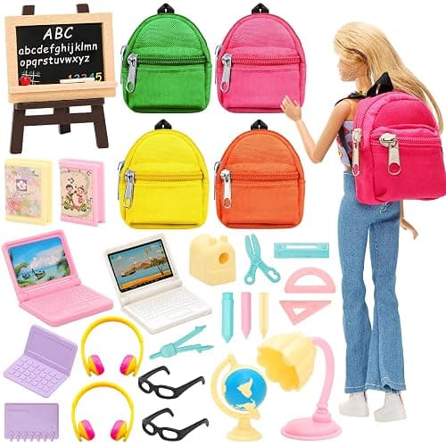 Barwa 27 Pcs Doll Study Supplies for 11.5 Inch Doll 4 Backpacks 2 Laptops 2 Headsets 2 Glasses 17 Learning Accessories - Image 1