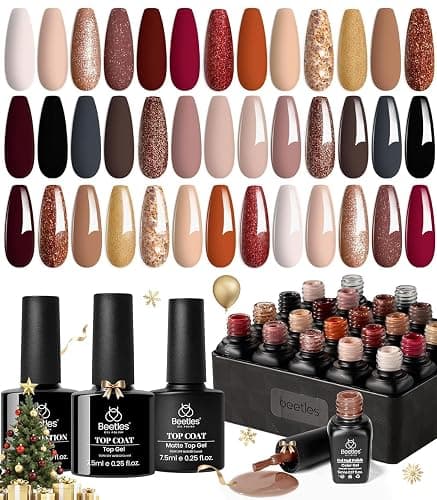 Beetles Fall Gel Nail Polish Set, 23Pcs Brown Burgundy Red Nude Pink Gel Polish Set with Base Top Coat Verse of Roses Kit, Soak off Uv Gel Golden Glitter Holiday Nail for Women - Image 1