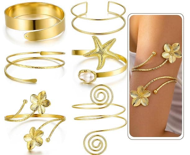 17KM 6PCS Gold Arm Cuff Bracelets for Women, Boho Statement Gold Upper Arm Bangle Band Armlet, Open Adjustable Cuff Bracelet set Stackable Jewelry - Image 1
