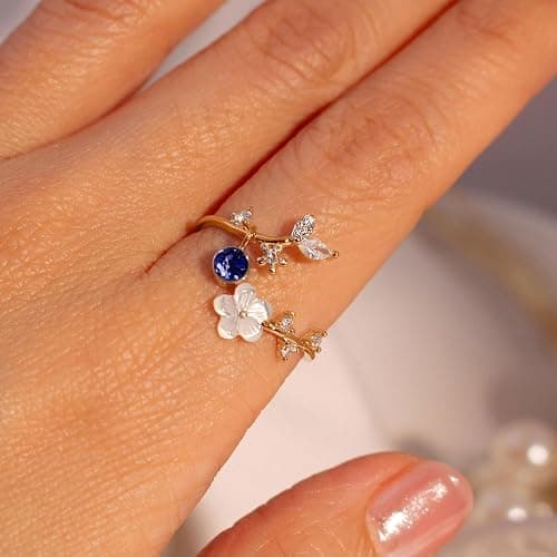 JALZEMPL Birthstone Flower Rings For Women Non Tarnish Gemstone Cubic Zirconia Mother of Pearl Adjustable Size 7-11 Silver Rose 14K Gold Plated Birth Jewelry Gift For Birthday - Image 1