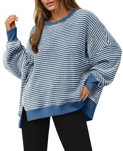 Fisoew Women's Fall Oversized Sweatshirt Casual Waffle Knit Long Sleeve Crewneck Split Pullover Tunic Tops - Image 1