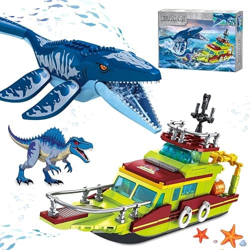 kiothdre 3 in 1 Ocean Explorer Dinosaur Building Set Compatible with Dinosaur Park World, City Boat Ship & Mosasaurus Spinosaurus Dino Toys with Poseable Joints, Toys for Kids Boys Age 6-12 - Image 1