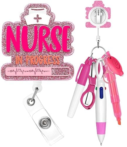 Plifal Nurse Pen Set Badge Reel Holder Accessories Clip - Retractable Mini Nursing Ball Pen Permanent Marker Highlighter Light Foldable Scissors Small Flashlight Work Student Office Hospital Bright - Pink - Image 1