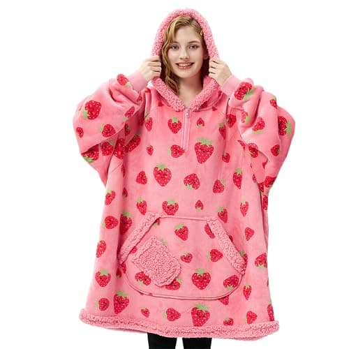 Giggling Getup Wearable Blanket Hoodie for Adults Gifts for Teen Girls Sister Women Sherpa Fleece Printed Hooded Blanket Sweatshirt Warm Cozy with Pocket & Sleeves Strawberry - Image 1