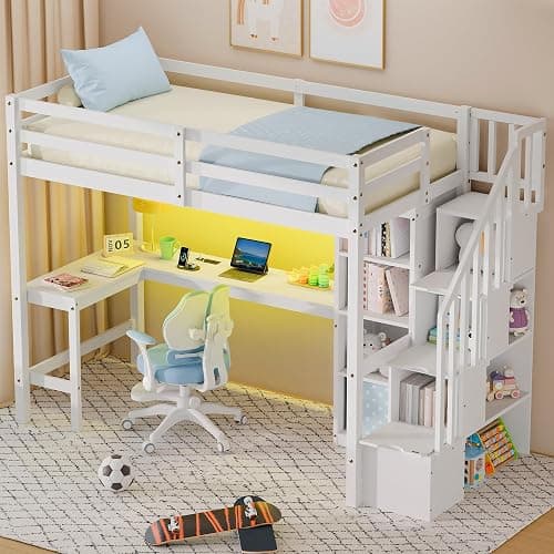 Xilingol Twin Loft Bed with Stairs and Desk, Solid Wooden Loft Bed, Heavy Duty Loft Bed with L-Shape Desk, LED Light Strips, Charging Station, Storage Cabinets, Extra-High Guardrails for Kids, Teens - Image 1