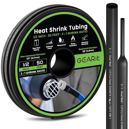 GearIT 1/2 inch Heat Shrink Tubing - 3:1 Ratio Adhesive Lined, Marine-Grade Waterproof Industrial Shrink Wrap, Dual-Wall Tubing, UL Approved - 50FT Roll - Black - Image 1