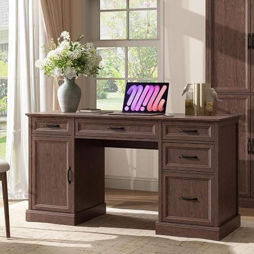 CARPETNAL 58'' Farmhouse Executive Desk with Drawers, Home Office Desk with File Drawer and Storage Cabinet, Rustic Computer Desk for Working, Studying, Writing, Brown - Image 1