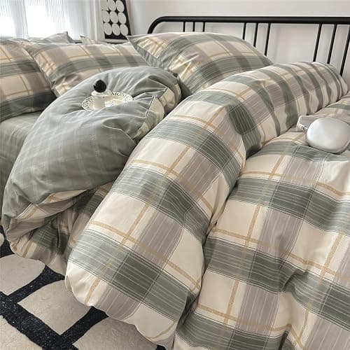 Green Plaid Duvet Cover Queen Soft Cotton Grid Plaid Bedding Set 3 Pieces Checkered Gingham Comforter Cover for Men Boys Modern Bedding Set Simple Plaid Comforter Cover with Zipper Closure 4 Ties - Image 1