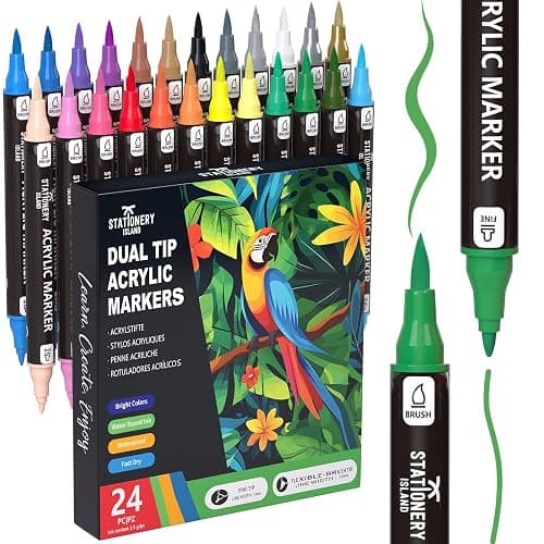 STATIONERY ISLAND Acrylic Paint Pens 24 Colours Paint Markers Dual tip Acrylic Markers for Rock Painting Stone Glass Ceramic Wood Metal Fabric Fine & Brush Tip Water Based Acrylic Pens - Image 1