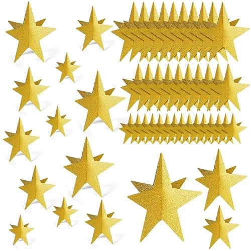 Sinload 45 Pcs 3D Glitter Star Decorations Graduation Gold Centerpiece 3 Sizes Standing Hanging Back to School Work Star Decor for End of Year School Centerpiece Starry Movie Themed Night Party Decor - Image 1