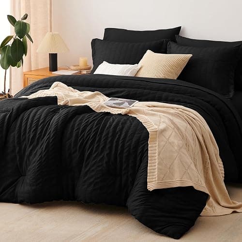 CozyLux Queen Comforter Set Black Seersucker 7 Pieces Bed in a Bag Queen Comforter Set with Sheets, Luxury Soft Bedding Set with Down Alternative Comforter, Sheets, Pillowcases & Shams for All Seasons - Image 1