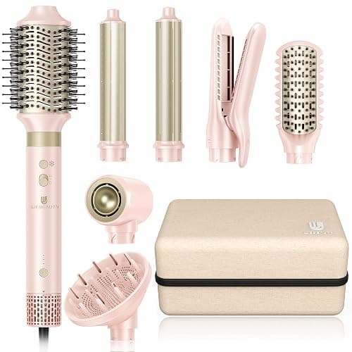 Hair Dryer Brush 8-in-1 Dual Voltage Hot Air Styler – Fast-Drying 110,000 RPM Ionic Blow Dryer with Straightener & Curler Attachments, Frizz-Free Volumizing Styler with Protective Hard Case-Pink - Image 1