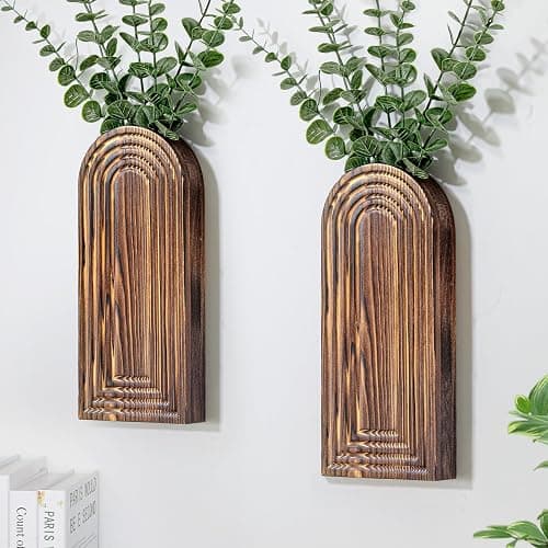 Wooden Wall Planter Vase Set of 2, Boho Hanging Planter for Indoor Plants & Flowers, Natural Wood Wall-Mounted Planters for Art Home Decor - Living Room, Bedroom, Bathroom, Patio (Brown) - Image 1