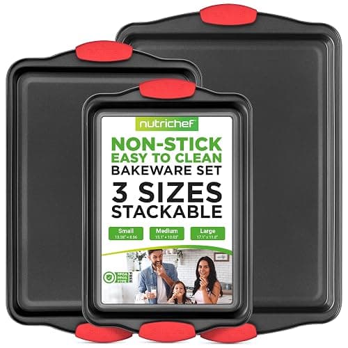 NutriChef 3-Piece Nonstick Kitchen Oven Baking Pans - Premium & Stylish Non-Stick Steel, Commercial Grade Restaurant Quality Metal Bakeware with Red Silicone Handles - Easy to Clean, NCSBS3S - 3-Piece Set - Image 1