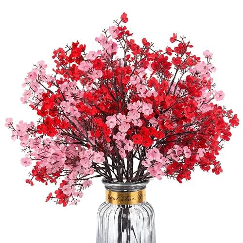 HIAGROW 8Pcs Babys Breath Fake Artificial Flowers, Real Touch Red Pink Mix and Match Plants Silk Flowers for Vase Home Office Wedding Valentine's Day Indoor Outdoor Centerpiece Table Party Decoration - Image 1