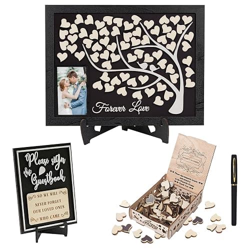 JUSGODA Magnetic Wedding Guest Book Alternative, Guest Book Wedding Reception, Wooden Wedding Guest Book with Picture Frame, 70PCS Wooden Hearts for Wedding, Anniversary, Indoor and Outdoor Ceremony - Image 1