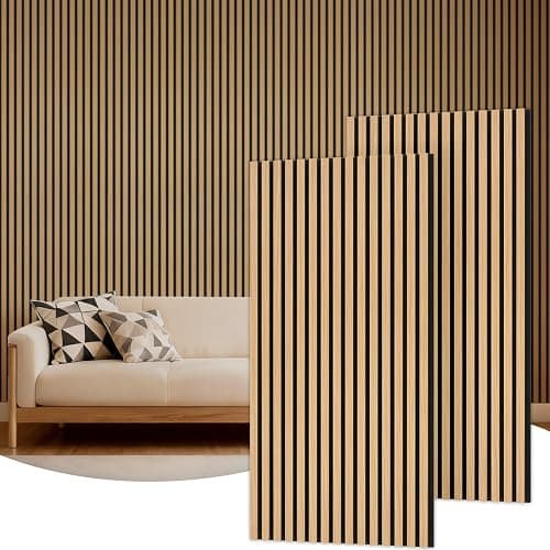 TONOR Wooden Acoustic Wall Panels, 2 Pack 120 x 60 cm (1,44m²) Wood Panels for Walls as Sound Proofing Panels, Slat Wood Panelling for Decorative Wall Panels, Living Room, Bedroom, Office, Natural Oak - Image 1