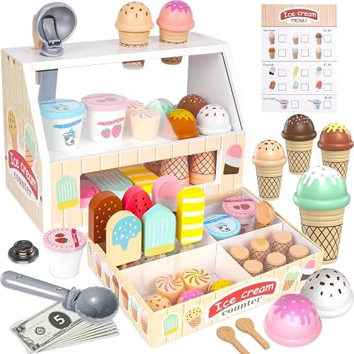 Wooden Ice Cream Set for Kids, 49 PCS Wooden Role Play Ice Cream Counter Shop Playset, Play Food Sets for Kids Kitchen, Pretend Play Toys, Imaginative Toys Gift for 3 4 5 Year Old Girls Boys - Image 1