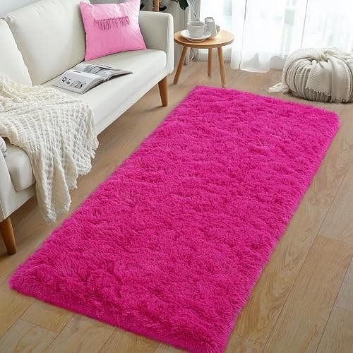 Rezutan Ultra Soft Fluffy Hot Pink Rugs,2x6 Feet Fluffy Shag Area Rugs for Living Room, Comfy Furry Rug for Girls Kids Baby Room Decor, Non Slip Nursery Modern Indoor Fuzzy Floor Bedside Carpet - Image 1