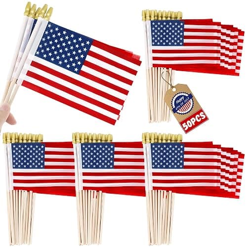 50 PCS Small American Flags on Stick, 4 x 6 Inches 4th of July Decorations, Tear Resistant Patriotic USA Flag Fourth of July Flags, Anti Wrinkle Handheld Memorial Day Decor for Parade - 50 - Image 1