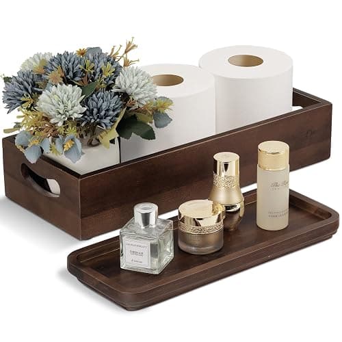 Handmade Toilet Tank Basket Topper & Vanity Tray Set of Natural Acacia Wood by DEMIGO, Created by Skilled Artisans, Smooth, Durable, Attractive Decor for Bathroom, Kitchen, Home, Spa (Dark Brown) - Image 1