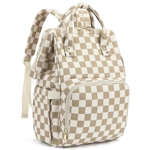 Dezcrab Laptop Backpack for Women, Corduroy College School Backpack Bookbag 15.6 inch Business Computer Travel Backpack (Checkered Brown) - Image 1