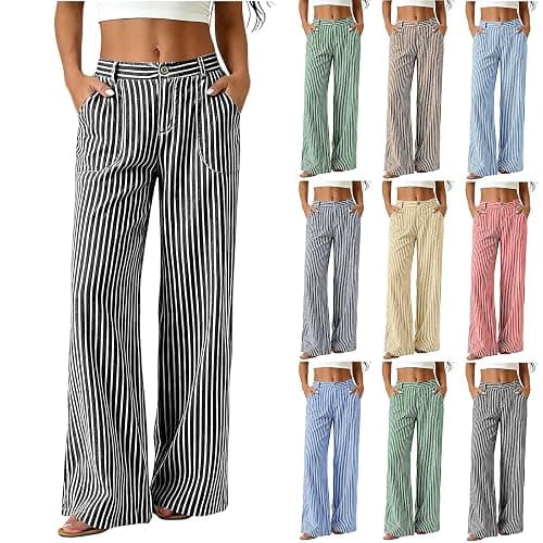 Wkishenl Fashion Striped Linen Pants for Women High Waisted Straight Leg Palazzo Trousers Casual Wide Leg Pant with Pockets - Image 1