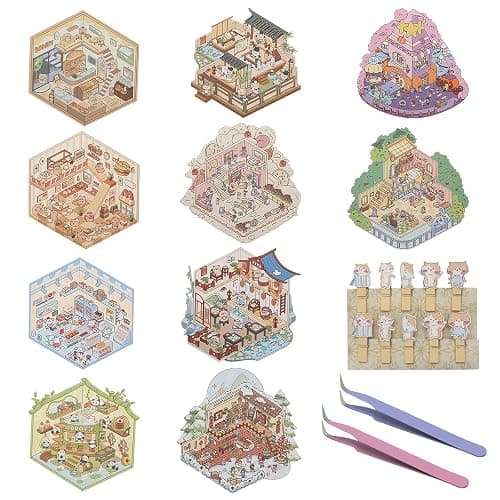 10 Sets 3D Sticker Scene, 3D House Stickers to Make Your Own Restaurant Coffee Shop Library Scene, Adults Kids Sticker Therapy for Relieving The Pressure of Work Life School - Image 1